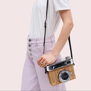 Kate Spade New York wicker straw and silver camera cross body bag